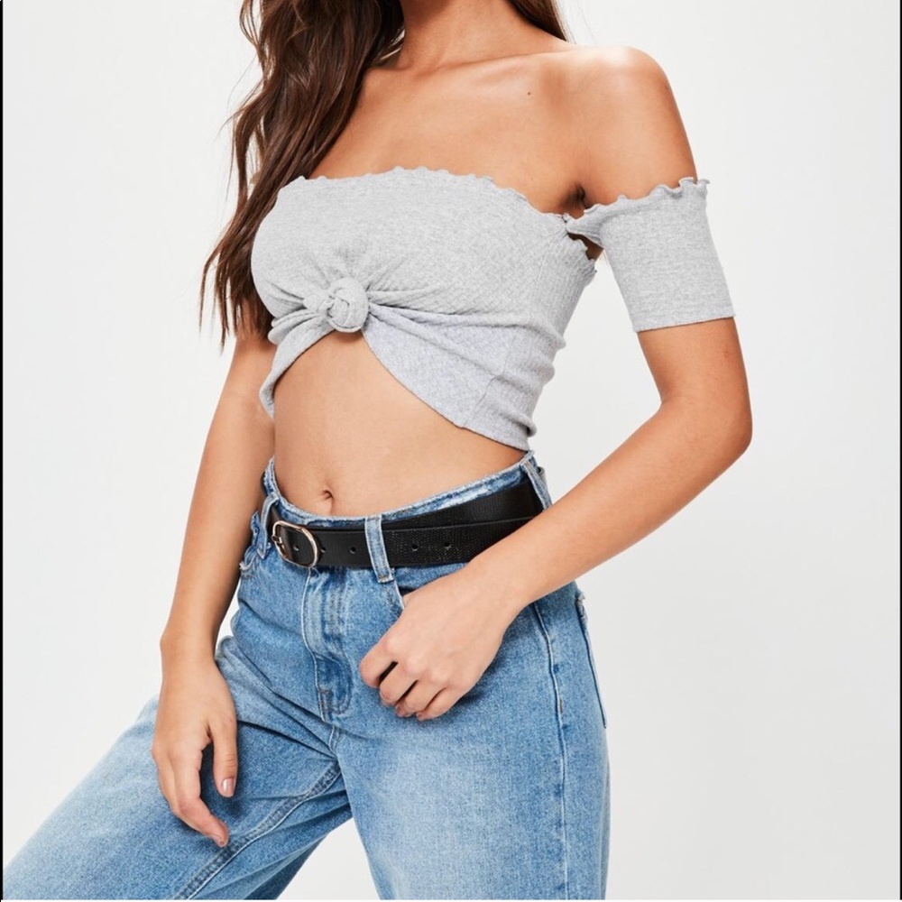 Gray lettuce off the shoulder crop top